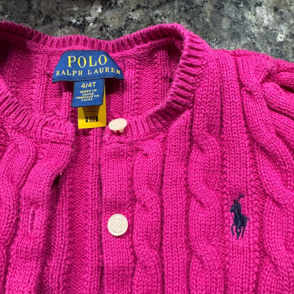 Polo by Ralph Lauren Girls Bright Pink Cable Knit Cardigan with Navy Pony